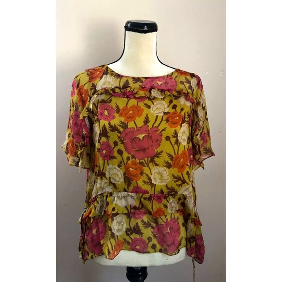 NWT Massimo Dutti mulberry silk chartreuse floral ruffle blouse - Picture 4 of 6